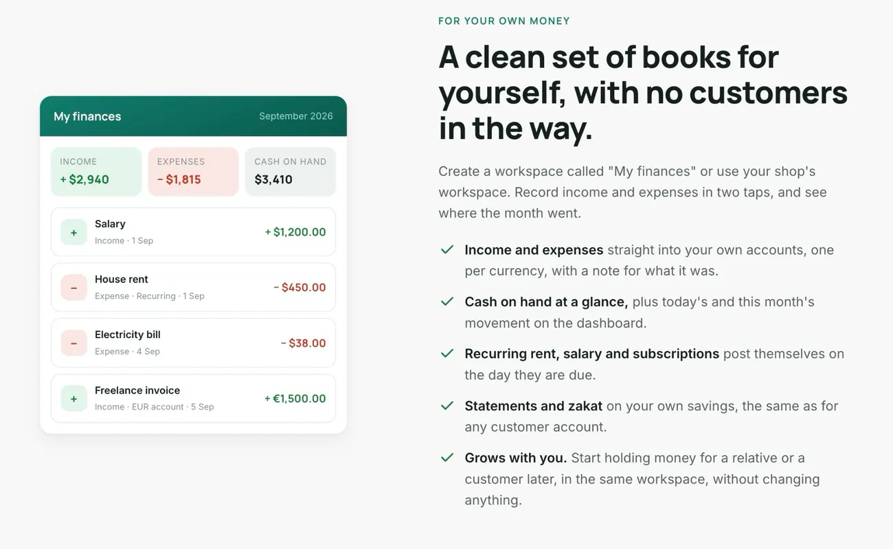 The Vaulta app showing the ledger view with income, expenses and per-customer held balances.