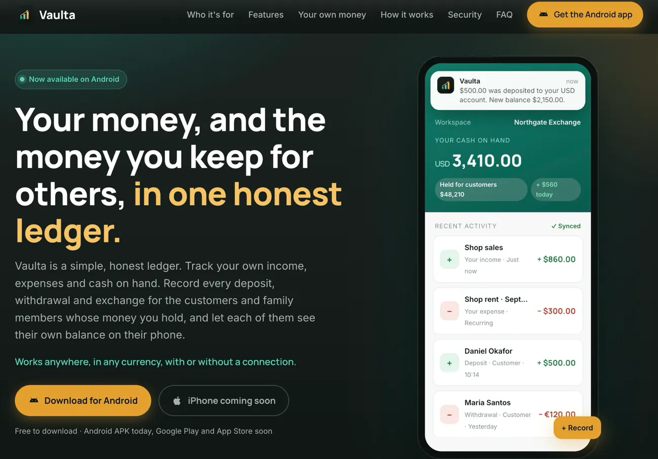 The Vaulta product page showing the app's headline proposition and a phone displaying cash on hand with held customer balances.